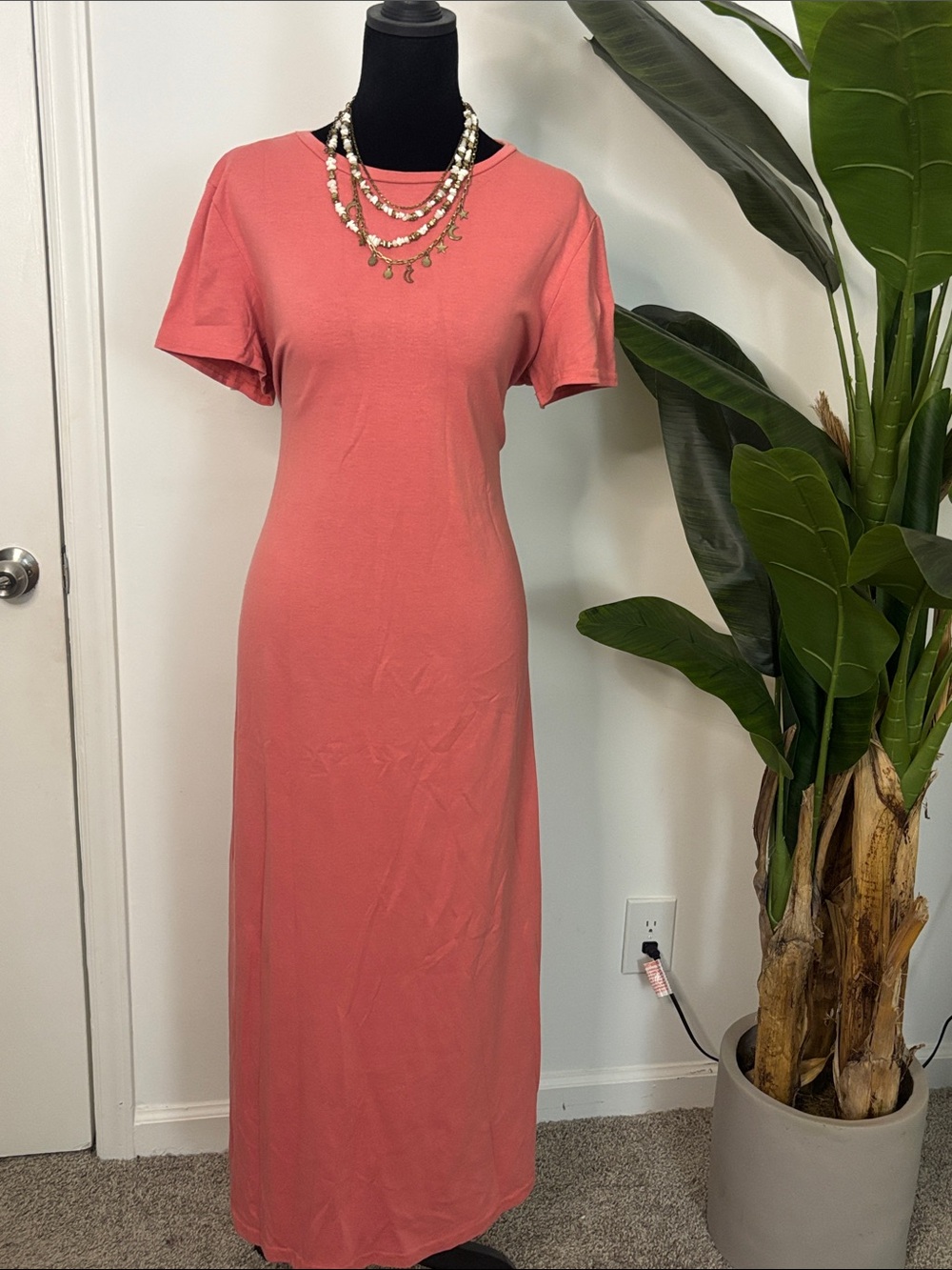 Women's Coral Short-Sleeve Maxi Dress